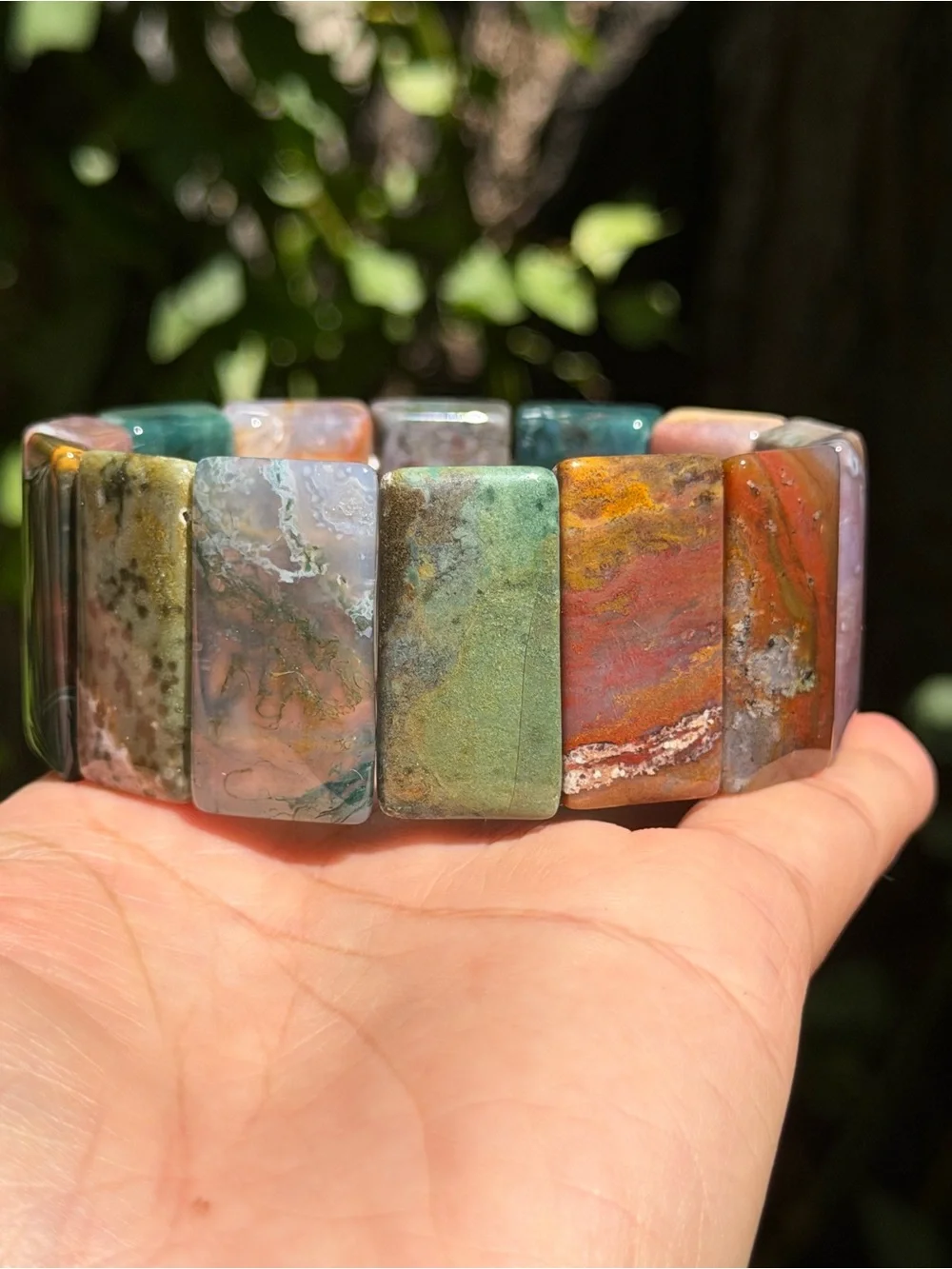 Wide Natural Multi-Color Ocean Jasper Stretch Bracelet Soft Bangle 2033